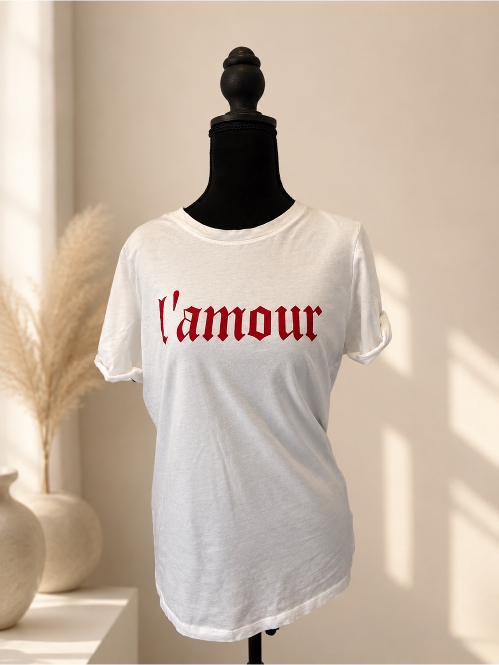 Divided White L'Amour Graphic Tee with Red Script